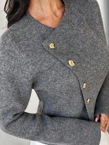 Firerie 女式深 V 领金属纽扣长袖毛衣上衣，日常通勤针织衫，春秋冬新品 - 深灰色 - 查看 5