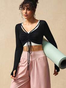 VARSIVA T-shirt de sport ajusté à manches longues avec design à cordon de serrage, couleur unie pour femmes - Noir - Voir 3