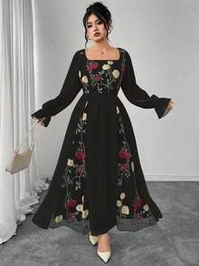 Modelyn Elegant Floral Embroidery Patchwork Plus Size Dress - Black - View 5