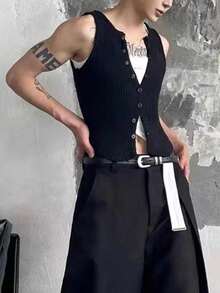 Manfinity Roghcode Men's Plain Single-Breasted Sleeveless Knit Tank Top, Summer, For Fall Winter - Black - View 3