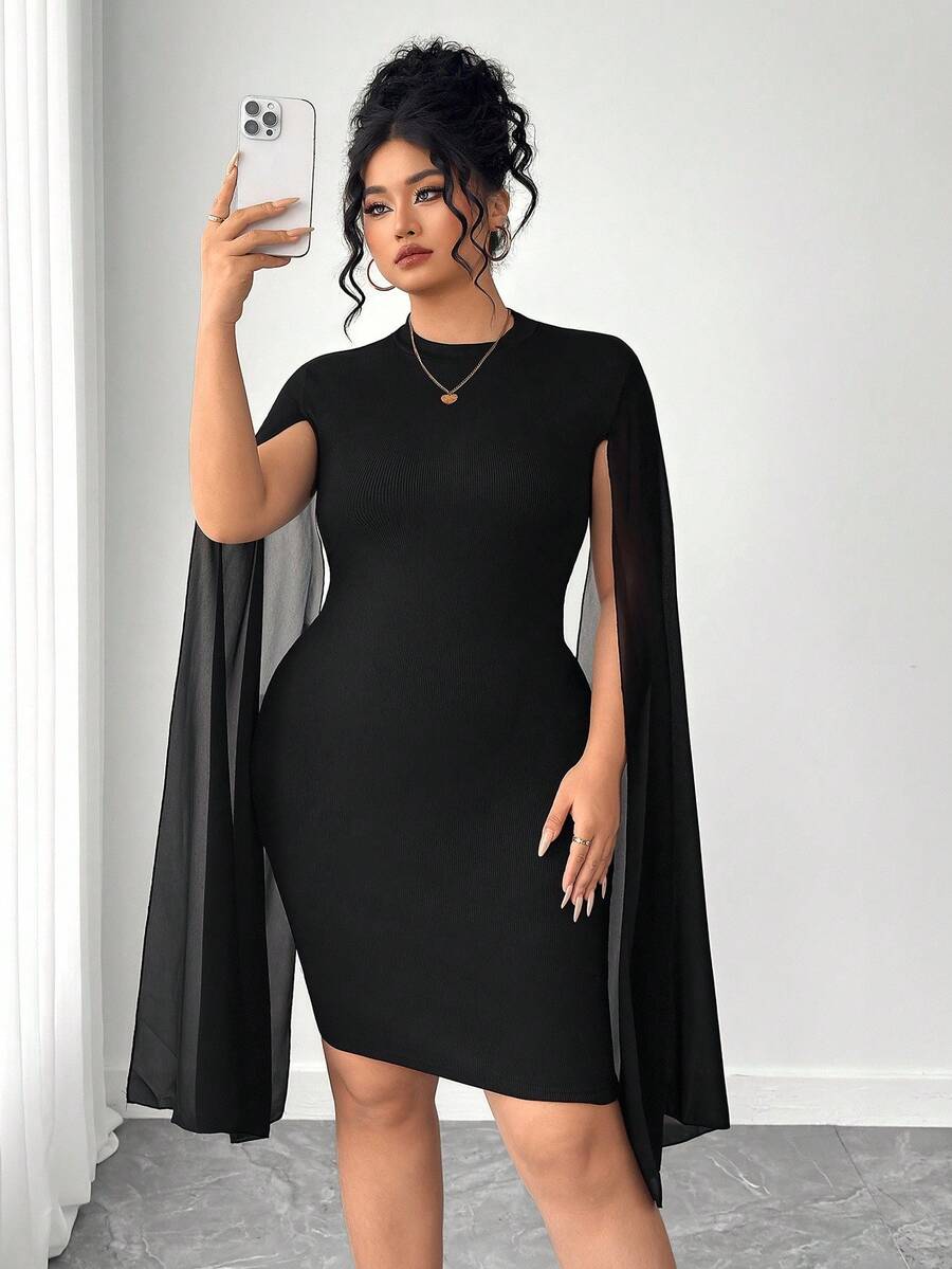 SHEIN PETITE CURVE 大码女式优雅纯色斗篷袖直筒连衣裙，适合通勤 - 黑色 - 查看 1