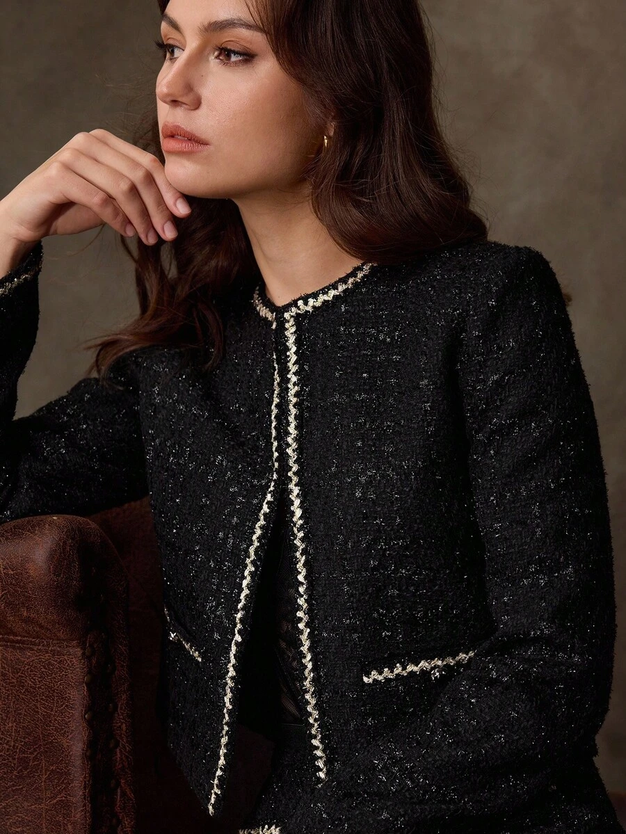 Lilora Women's Elegant 2 Pieces Set:Long Sleeve Cardigan With Ribbon Design And Shorts,Autumn,Formal,Black And Silver,Old Money Style,Vintage,Business,Chic
