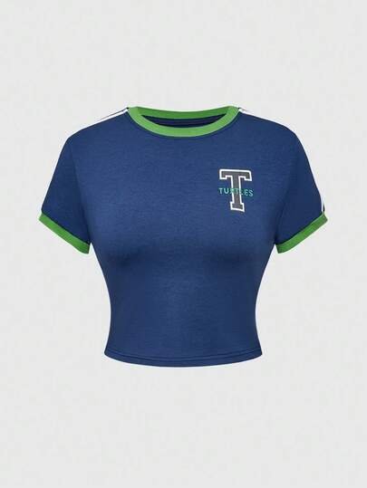 TEENAGE MUTANT NINJA TURTLES X ROMWE Camiseta corta de ajuste ceñido con cuello redondo, manga corta y gráfico de letra con ribete de contraste para mujer