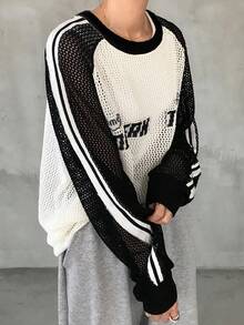 FRIFUL Women's Letter Print Sporty Contrast Stripe Patchwork Knit Top - Black - View 6