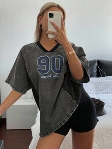 DAZY Women V-Neck Contrasting Color Letter Loose Denim Short Sleeve Tee - Grey - View 2