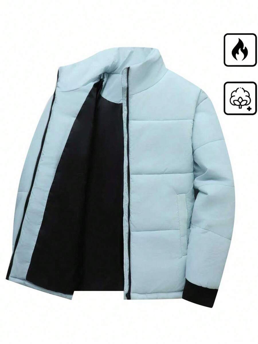 Manfinity Homme 男士纯色简约休闲立领拉链长袖棉服外套,浅蓝色,秋冬 - 淺藍色 - 查看 1