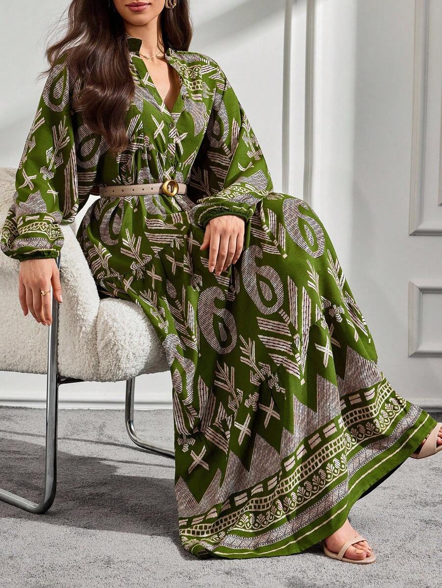 EURMUSE Tall Size Over All Print Button Detailed Long Dress - Multicolor - View 1