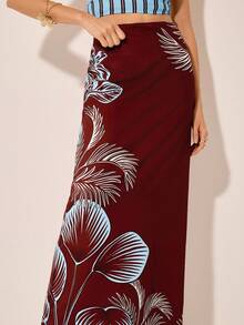 CAJUNI Women's Casual Floral Print Skirt For Holiday Tropical Maxi Skirt Women Maxi Skirt Maroon Maxi Skirt Palm Print Skirt Brown Skirt Tropical Women Maxi Skirt - Multicolor - View 3
