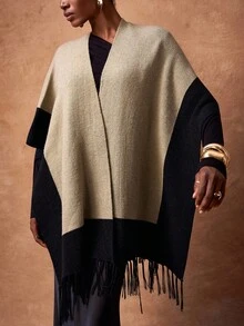 Zivah Black And Beige Autumn Elegant Club Women's Cape Style Woolen Tops,Asymmetrical Tassel Hemlines Elegant Set For Birthday Parties&Commuting,Versatile - Khaki - View 1
