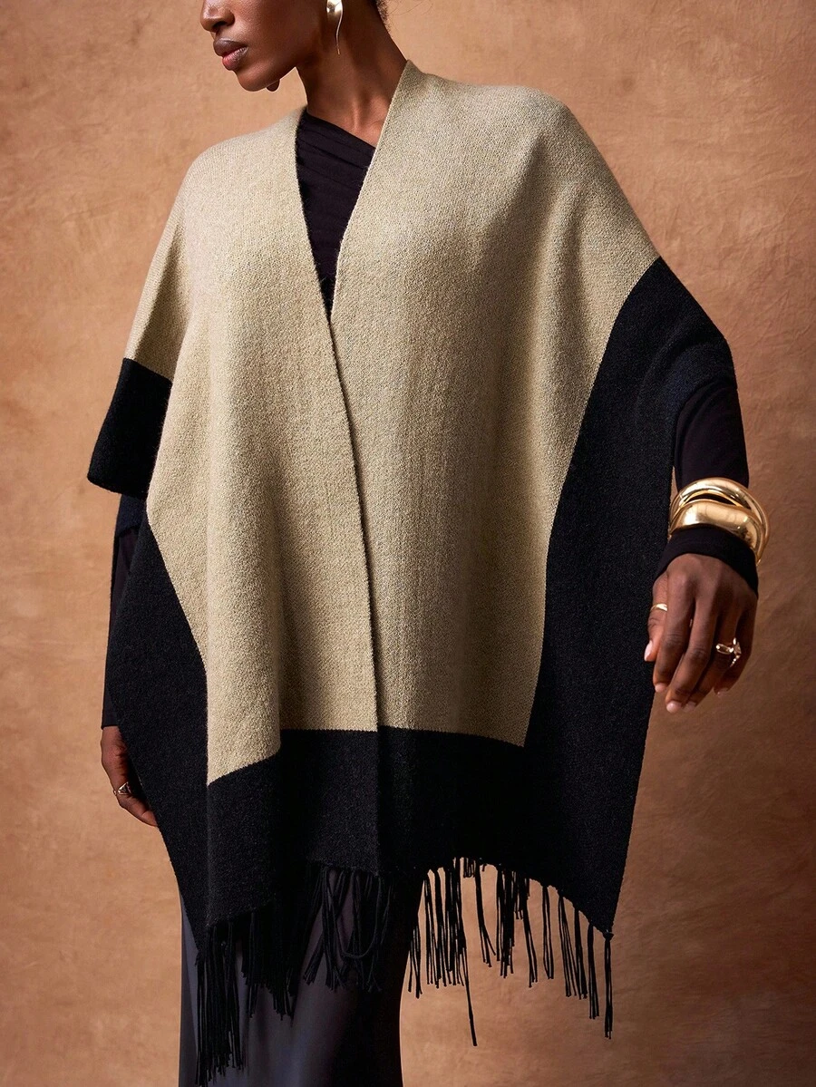 Zivah Black And Beige Autumn Elegant Club Women's Cape Style Woolen Tops,Asymmetrical Tassel Hemlines Elegant Set For Birthday Parties&Commuting,Versatile - Khaki - View 1