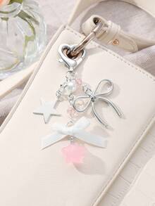 ROMWE Kawaii 1 件 Ins 风格可爱女孩优雅优质银链仿珍珠粉色丝带亚克力蝴蝶结星星钥匙扣，适合女士和女孩，日常穿着和节日礼物情人节 - 銀色-63 - 查看 6