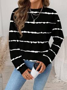 EMERY ROSE Back To School, Teacher's Day, Halloween Versatile Casual Minimalist Colorblock Black & White Tie-Dye Striped Print Crew Neck Loose Fit Women Sweatshirt, Suitable For Autumn/Winter