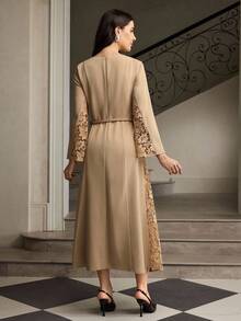 ZEYLAH Váy ren thêu họa tiết mùa thu thanh lịch dành cho nữ, hòa tan trong nước - Màu Khaki - Xem 3