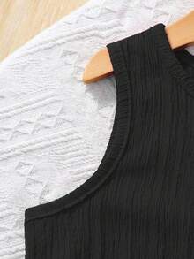 SHEIN Explorewe 2 件套少女梭织纯色圆领无袖上衣和宽松梭织纯色短裤套装 - 黑色 - 查看 6