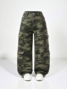 SHEIN Explorewe Pre-Tween Girls Y2K Multi-Pocket Casual Drawstring Waist Camo Print Cargo Denim Jeans, School, Campus, College - Army Green - View 1