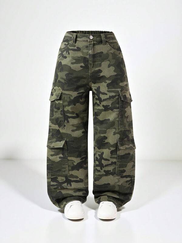 SHEIN Explorewe Pre-Tween Girls Y2K Multi-Pocket Casual Drawstring Waist Camo Print Cargo Denim Jeans, School, Campus, College