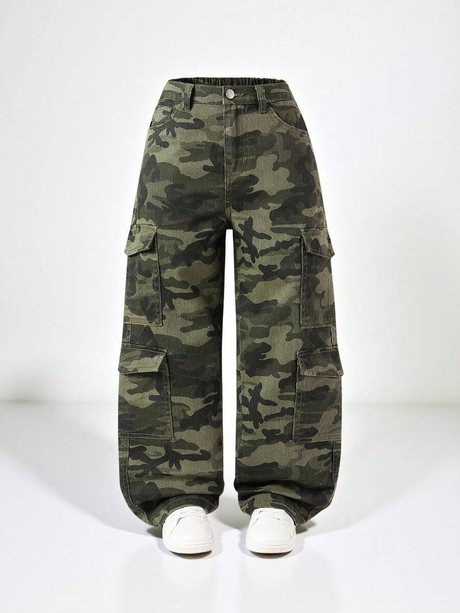 SHEIN Explorewe Pre-Tween Girls Y2K Multi-Pocket Casual Drawstring Waist Camo Print Cargo Denim Jeans, School, Campus, College - Army Green - View 1