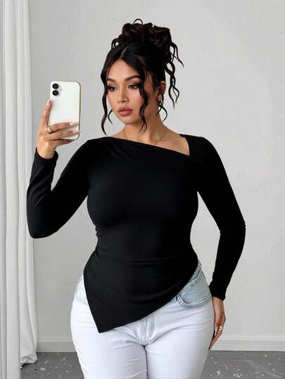 Elenzga Maglietta casual asimmetrica a maniche lunghe e vestibilità aderente, tinta unita, taglie comode per donne