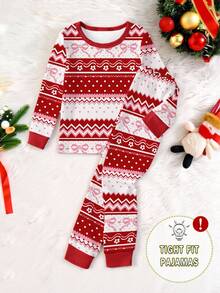 SHEIN 1set Tween Girls Vintage Red Butterfly & Floral Print Knit Crew Neck Snug Fit Long Sleeve Top And Pants Pajama Set, Suitable For Christmas And Holidays  Snug Fit Christmas Pajamas - Red - View 4