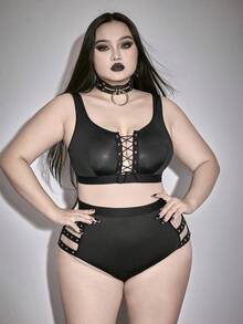 ROMWE Goth 加大码哥特式束身衣系带紧身胸衣短款上衣和丁字裤内衣套装 - 黑色 - 查看 2