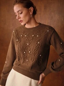 MOTF PREMIUM FLORAL PATTERN FAUX PEARL DETAIL SWEATER - Brown - View 6