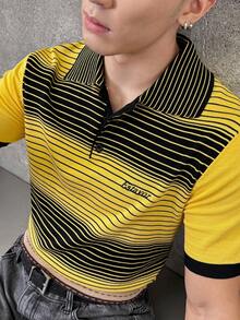 Manfinity VCAY Men's Casual Contrast Stripe Polo Collar Short Sleeve Sweater, Fall, Winter - Yellow - View 6