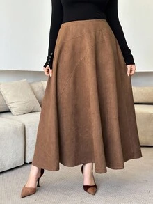 Modelyn Plus Size Minimalist Solid Color Suede A-Line Skirt, Suitable For Spring And Autumn - Brown - View 1