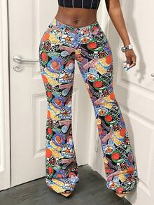 Slaydiva Women's Basketball Graphic Flared Casual Jeans - Multicolor - View 1