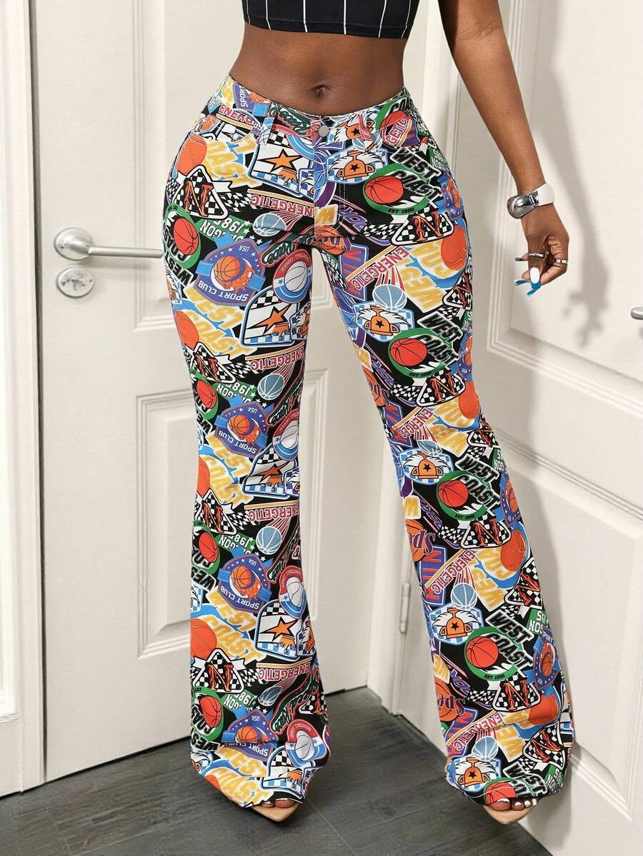 Slaydiva Women's Basketball Graphic Flared Casual Jeans - Multicolor - View 1