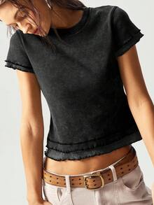 Bohemela Áo thun nữ cổ tròn tay ngắn dệt kim chắp vá màu tương phản BOHO mùa hè vừa vặn - màu đen - Xem 5