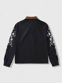 ROMWE MEN Goth Camicia casual da uomo con stampa di teschi e lettere, con chiusura lampo, autunnale