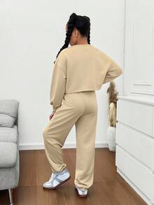 SHEIN Tween Girls Portrait Print Sweatshirt And Sweatpants 2 Pieces Set,Beige Autumn Casual School Back-To-School Loose Drop Shoulder Crew Neck Long Sleeve - Apricot - View 2