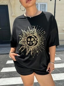 SHEIN EZwear Plus Sun & Moon Print Drop Shoulder Tee - Black - View 7