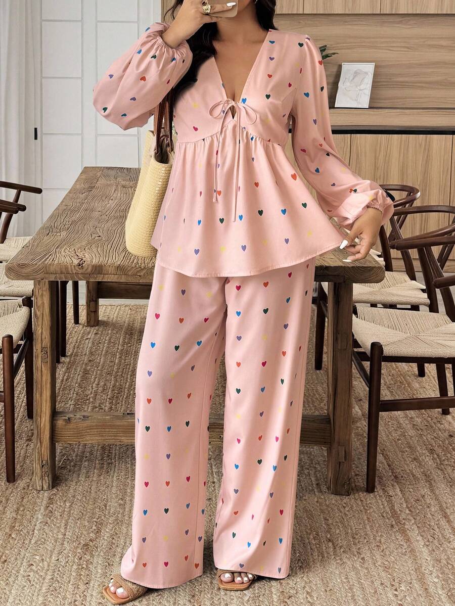 EMERY ROSE 大码女式心形印花前系带灯笼袖衬衫和阔腿裤休闲两件套 - 彩色 - 查看 1