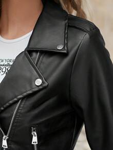 EURMUSE Zip Up Belted PU Leather Moto Jacket - Black - View 7