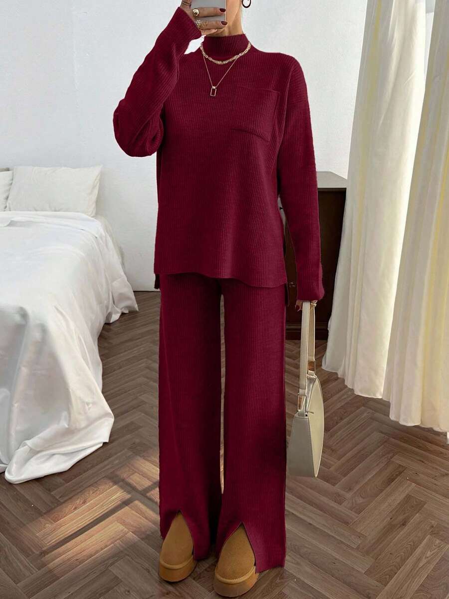 SHEIN Cottnline Rib Pattern Pocket Pullover Pant Knit Set Lounge Burgundy Autumn Minimalist Casual - Burgundy - View 1