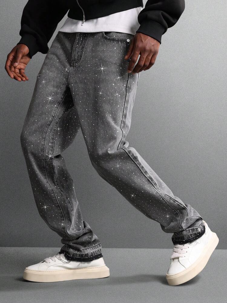 갤럭시 프린트가 있는 스타 패턴 스트레이트 레그 데님 진