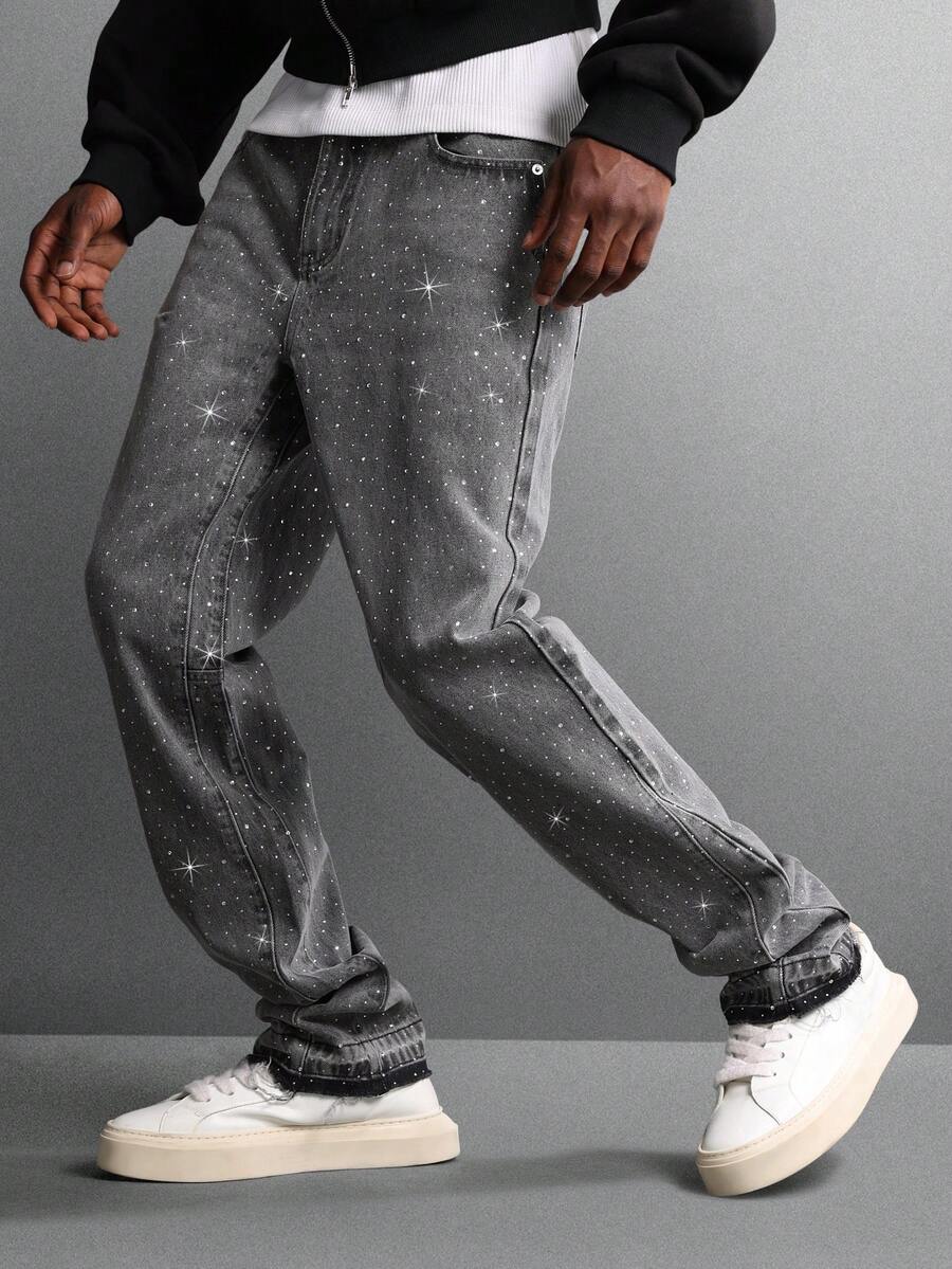 SUMWON 星空印花牛仔裤，闪亮夜空图案，直筒经典款，秋冬时尚百搭休闲裤 - 黑色 - 查看 1