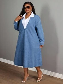 Slaydiva 大码女式休闲宽松深V领长袖牛仔连衣裙 - 中等水洗藍 - 查看 5