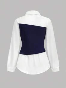 Girlism Tween Girls Casual Colorblock Patchwork Shirt & Wide Leg Pants 2 Pieces Set,Elegant,Contrast Color Stitching - Blue and White - View 6