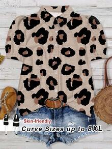 SHEIN CURVE+ 大码女式休闲豹纹泡泡袖衬衫 - 白色 - 查看 1