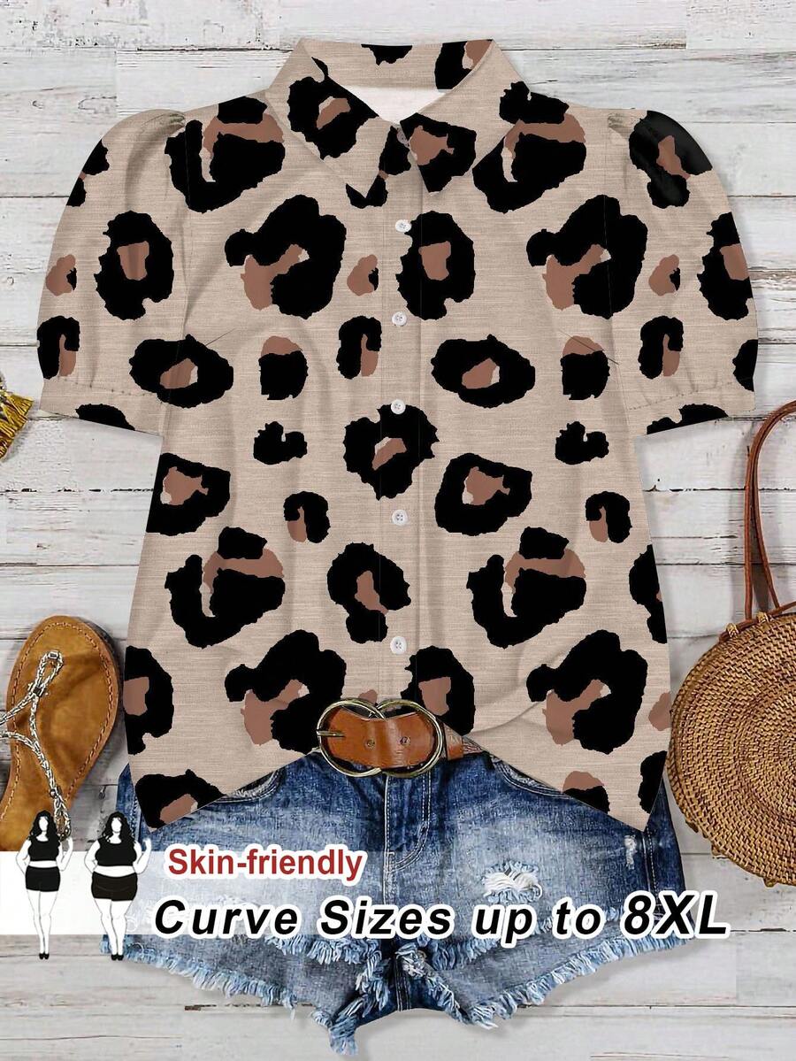 SHEIN CURVE+ 大码女式休闲豹纹泡泡袖衬衫 - 白色 - 查看 1