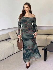 Modelyn Plus Size Women's Mesh Printed Off Shoulder Long Sleeve Elegant Dress - Dark Green - View 5