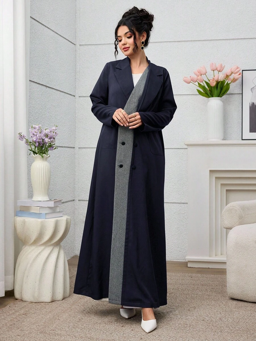 Yasmyna Abaya de mujer con estampado de cuadros y parches, de estilo único y elegante para el día a día - Azul Marino - Ver 1