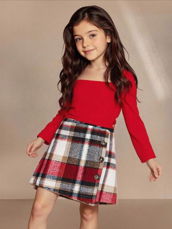 SHEIN 2pcs/Set Christmas Young Girls Casual Daily Ruffle Shoulder T-Shirt Top + Classic Red & White Plaid Asymmetrical Hem Skirt Outfit, Fashionable & Versatile For Christmas And Other Occasions, Autumn/Winter