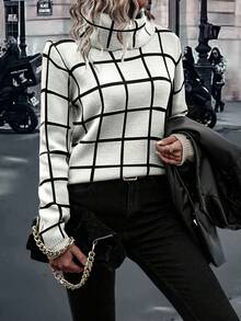 EMERY ROSE Damen Mode Lässig Karomuster Rollkragen Langarm Pullover