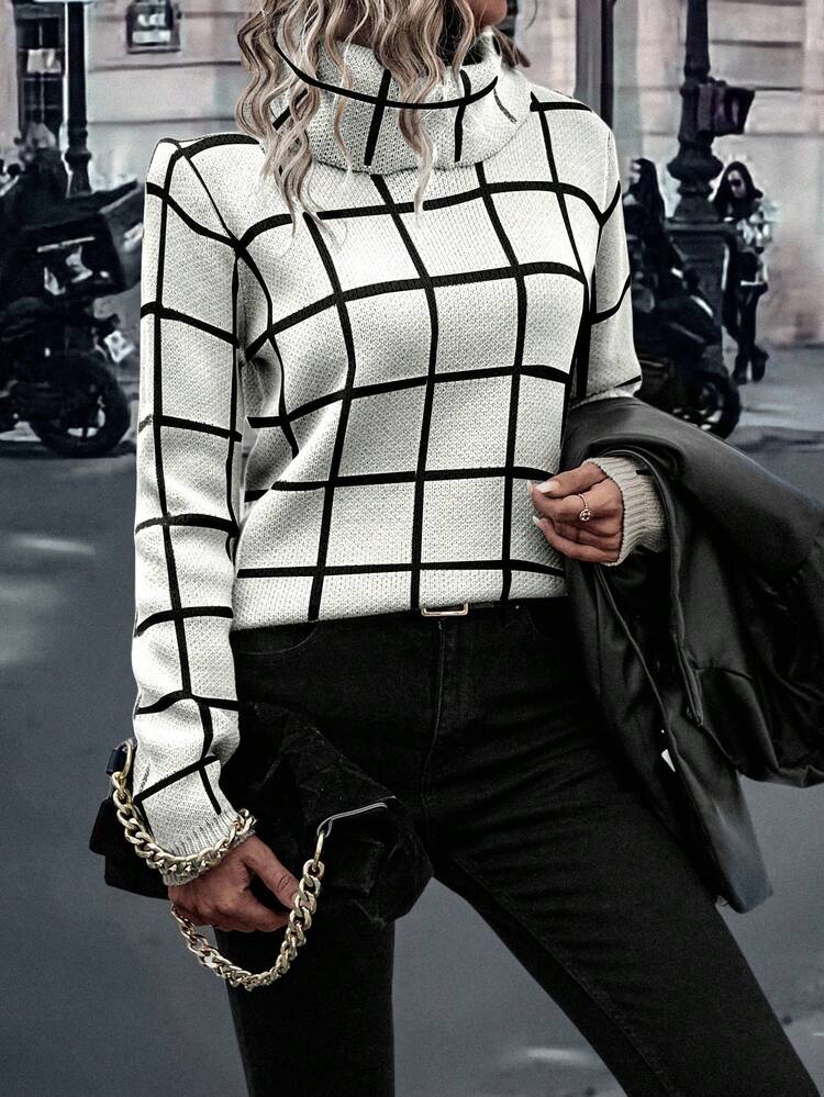 EMERY ROSE Women's Fashion Casual Plaid Print Turtleneck Long Sleeve Sweater, Christmas - White - View 4
