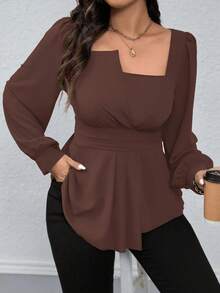 SHEIN LUNE Kemeja Lengan Panjang Kasual Ukuran Besar dengan Kerah Persegi, Warna Polos, dan Hem Bergelombang, Atasan Peplum untuk Natal - Coklat - View 3