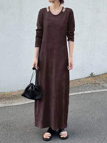 FRIFUL Robe longue à manches longues de couleur unie décontractée, automne - Tabac - Voir 3