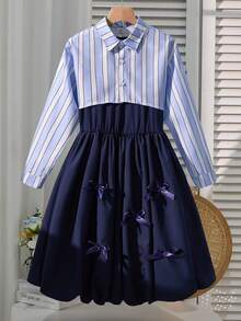 1 Set Tween Girls Sweet School Style Blue & White Striped Cropped Shirt, Paired With Navy Sleeveless Bowknot Dress, Regular Thickness, Casual Outfit For Autumn Fall Winter - Blue - View 1
